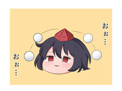  black_hair blush border commentary female hair_between_eyes hat highres kimeemaru looking_to_the_side open_mouth pom_pom_(clothes) red_eyes red_hat shameimaru_aya short_hair simple_background smile solo tasuku_(tusktouhou4) tokin_hat touhou translated white_border yellow_background yukkuri_shiteitte_ne 