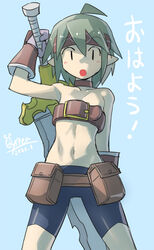  ahoge arm_up belt_bra bike_shorts disgaea female female_warrior_(disgaea) flat_chest gloves green_eyes green_hair headband highres looking_at_viewer navel open_mouth oyster_(artist) pointy_ears short_hair simple_background solo sword weapon 