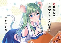  2020 absurdres animal_ears bent_over between_breasts blue_eyes blue_necktie blue_skirt blush box breasts chinese_zodiac cleavage commentary_request detached_sleeves female frog_hair_ornament green_hair hair_between_eyes hair_ornament hair_tubes happy_new_year highres kemonomimi_mode kochiya_sanae large_breasts long_hair long_sleeves looking_at_viewer midriff miyakoto mouse_ears mouse_tail necktie necktie_between_breasts new_year shirt sidelocks skirt snake_hair_ornament solo tail touhou translated white_background white_shirt year_of_the_rat 