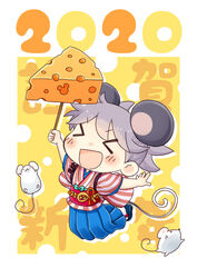  &gt;_&lt; 2020 :d animal_ears blue_hakama blush cheese chibi chinese_zodiac commentary_request female food full_body grey_hair hakama hakama_skirt hidden_mickey hinata_yuu holding japanese_clothes jumping kimono mouse_(animal) mouse_ears mouse_tail new_year obi open_mouth original photoshop_(medium) red_kimono sandals sash short_sleeves skirt smile solo_focus striped_clothes striped_kimono swiss_cheese tail tied_hair translated xd year_of_the_rat yellow_background 