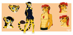  2022 4_toes abs absurd_res anthro anthrofied arm_tuft athletic athletic_anthro athletic_male barefoot black_hair bottomwear breasts cheetah chest_tuft clothed clothing countershading digital_media_(artwork) disney dress duo elbow_tuft eye_scar facial_scar feet felid feline female fuli fur hair hands_behind_back hi_res hindpaw kion_(the_lion_guard) lion male mammal mane markings model_sheet navel nipples pantherine paws quarko-muon red_hair red_mane scar signature spots spotted_body spotted_fur standing the_lion_guard the_lion_king toes topless topless_anthro topless_male tuft wig yellow_body yellow_fur 