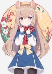  absurdres animal_ear_fluff animal_ears black_thighhighs blue_skirt blush bow brown_bow brown_hair chinese_zodiac closed_mouth commentary_request cowboy_shot female floral_background frilled_skirt frills fringe_trim fuyuki030 hair_between_eyes hair_ornament hands_up happy_new_year highres long_hair long_sleeves looking_at_viewer mouse_ears new_year original partial_commentary plaid plaid_scarf red_eyes red_scarf scarf shirt skirt sleeves_past_wrists solo striped striped_bow thighhighs very_long_hair white_shirt year_of_the_rat 