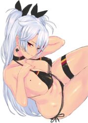  antenna_hair azur_lane bikini black_bikini black_choker black_ribbon breasts brown_eyes choker cleavage closed_mouth collarbone commentary_request cross earrings female flag_print german_flag_bikini hair_ribbon iron_cross jewelry large_breasts long_hair looking_at_viewer mole mole_on_breast multicolored_hair official_alternate_costume panzer_(p.z) prinz_eugen_(azur_lane) prinz_eugen_(unfading_smile)_(azur_lane) red_hair ribbon side-tie_bikini_bottom sideboob simple_background solo streaked_hair swept_bangs swimsuit tan thigh_strap two_side_up very_long_hair white_background white_hair 