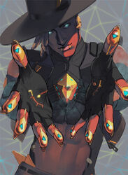  1boy abs apex_legends black_gloves black_hat black_jacket blonde_hair blue_eyes claws clothing_cutout daichi_midori dark-skinned_male dark_skin dreadlocks fingerless_gloves gloves glowing glowing_eyes grey_background hat head_tilt jacket lip_piercing looking_at_viewer male_focus navel open_hands piercing seer_(apex_legends) sleeveless sleeveless_jacket smile solo stomach_cutout 