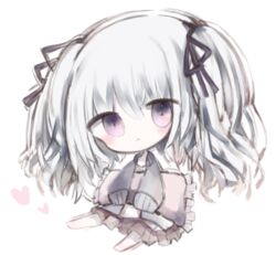  :&lt; bad_id bad_pixiv_id barefoot black_jacket black_ribbon brown_skirt chibi closed_mouth commentary_request cottontailtokki female frilled_pillow frills full_body granblue_fantasy hair_between_eyes hair_ribbon heart jacket long_hair long_sleeves open_clothes open_jacket orchis pillow pleated_skirt purple_eyes ribbon simple_background sitting skirt sleeves_past_fingers sleeves_past_wrists solo two_side_up white_background white_hair 