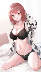  :o animal_print arm_up bed bed_frame bed_sheet black_bra black_panties blush bow bow_bra bow_panties bra breasts cleavage collarbone cow_print female hand_in_own_hair highres jacket long_hair long_sleeves looking_at_viewer medium_breasts mole mole_on_breast navel on_bed open_clothes open_jacket open_mouth original panties pillow red_eyes red_hair sitting solo take_(trude1945oneetyan) underwear wariza white_bow white_jacket window 