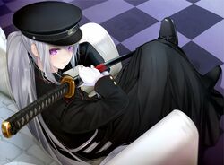  black_coat coat couch crossed_legs fed_(giba) female floor gloves grey_hair hat higuchi_kaede higuchi_kaede_(8th_costume) holding holding_sword holding_weapon katana long_hair looking_at_viewer looking_back military military_hat military_uniform mole mole_under_eye nijisanji ponytail purple_eyes sitting solo sword uniform virtual_youtuber weapon white_gloves 