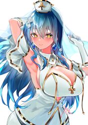  absurdres armpits blue_hair breasts cleavage cleavage_cutout clothing_cutout commission detached_sleeves dress female fingerless_gloves gloves highres kagu_(a_hazy_moon) large_breasts long_hair namiji_freesia production_kawaii short_sleeves sideboob skeb_commission solo upper_body veil virtual_youtuber white_background white_dress white_headwear yellow_eyes 