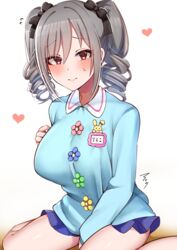  absurdres blue_shirt blue_skirt blush breasts drill_hair embarrassed female flower_button grey_hair hair_ribbon highres idolmaster idolmaster_cinderella_girls kanzaki_ranko kindergarten kindergarten_uniform large_breasts mabanna red_eyes ribbon shirt skirt smock solo thighs twin_drills twintails 