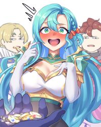  absurdres alear_(fire_emblem) alfred_(fire_emblem) aqua_hair armor bare_shoulders braid breasts chloe_(fire_emblem) cleavage dark_red_hair diamant_(fire_emblem) elbow_gloves female fire_emblem fire_emblem_engage garter_straps gloves green_eyes highres large_breasts long_hair marriage_proposal pegasus_knight_uniform_(fire_emblem) sher_(imnotsher) shoulder_armor side_braid single_braid smile very_long_hair white_gloves 