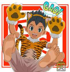  1boy 2022 animal_ears animal_hands animal_print barefoot black_hair chinese_zodiac commentary_request fake_animal_ears fangs feet from_below fur_trim gao gloves green_eyes inazuma_eleven inazuma_eleven_(series) looking_at_viewer male_focus new_year partial_commentary paw_gloves smile solo spiked_hair tiger_ears tiger_print utsunomiya_toramaru yamamiya_hiroshi year_of_the_tiger 