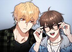  2boys adjusting_eyewear bags_under_eyes black-framed_eyewear blonde_hair brown_hair closed_eyes eiden_(nu_carnival) highres jewelry korean_commentary looking_at_another male_focus multiple_boys necklace nu_carnival orange_eyes quincy_(nu_carnival) short_hair smile xxxx_owo_x 