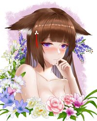  absurdres amagi_(azur_lane) animal_ears azur_lane blue_flower blush breasts brown_hair chinese_commentary cleavage collarbone colored_inner_hair ears_down female floral_background flower frozen-sad highres large_breasts long_hair looking_at_viewer multicolored_hair nose_blush nude peony_(flower) pink_flower pink_rose purple_eyes purple_flower rose simple_background solo sweat tuberose upper_body white_background white_flower 