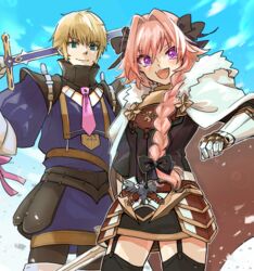  2boys armor astolfo_(fate) belt black_bow black_dress black_gloves blonde_hair blue_eyes blue_sky blush bow braid braided_ponytail breastplate cape cousins dress elbow_gloves fate/apocrypha fate_(series) faulds fur-trimmed_cape fur_trim gauntlets gloves hair_intakes hairbow high_collar long_hair long_sleeves looking_at_viewer multicolored_hair multiple_boys necktie open_mouth otoko_no_ko pink_hair purple_eyes purple_shirt roland_(fate) shirt short_hair sky smile streaked_hair sword tekuteku_aruko thighhighs thighs weapon white_cape white_gloves white_hair 