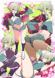  1boy armpit_cutout armpits artist_name ascot ass asticassia_school_uniform black_socks blush bulge capelet clothing_cutout covered_nipples crop_top elan_ceres epaulettes eyelashes full_body green_eyes green_hair gundam gundam_suisei_no_majo highres kneehighs legs lying male_focus nagano_rira navel on_back otoko_no_ko school_uniform short_shorts shorts shoulder_boards socks solo thighs twitter_username white_ascot 