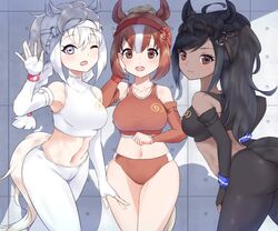  3girls :d ;d akitsu_tombo animal_ears bare_shoulders black_gloves black_hair black_legwear black_sports_bra blue_eyes braid brown_eyes brown_gloves brown_hair brown_sports_bra brown_thoroughbred_(kemono_friends) buruma chestnut_thoroughbred_(kemono_friends) collarbone commentary cowboy_shot dark-skinned_female dark_skin elbow_gloves fingerless_gloves gloves headgear highres horse_ears horse_girl horse_tail kemono_friends leggings midriff_peek multiple_girls one_eye_closed open_mouth pantyhose ponytail short_hair sleeveless smile sports_bra sportswear tail white_gloves white_hair white_legwear white_sports_bra white_thoroughbred_(kemono_friends) wristband 