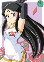  absurdres bad_id bad_pixiv_id black_hair blue_eyes bonsichi breasts china_dress chinese_clothes dress elbow_gloves female giant_robo ginrei_(giant_robo) gloves highres long_hair looking_at_viewer mackintosh_rose medium_breasts smile solo stenciled_rose translation_request 