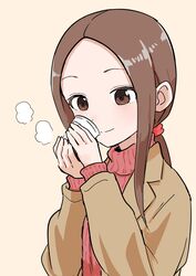  absurdres brown_eyes brown_hair brown_jacket closed_mouth collared_jacket commentary_request cup disposable_cup female hair_tie hands_up highres holding holding_cup inaba_mifumi jacket karakai_jouzu_no_(moto)_takagi-san karakai_jouzu_no_takagi-san long_hair long_sleeves red_sweater simple_background smile solo steam sweater takagi-san upper_body 