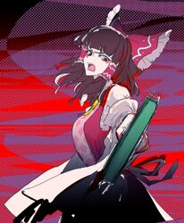  abstract_background apron ascot blunt_bangs bow brown_hair cookie_(touhou) cowboy_shot detached_sleeves female frilled_bow frilled_hair_tubes frills grater green_eyes hair_tubes hairbow hakurei_reimu highres holding long_hair looking_at_viewer on_(_l0_) open_mouth pink_apron red_bow red_shirt rurima_(cookie) sarashi shirt sleeveless sleeveless_shirt solo touhou white_sleeves yellow_ascot 