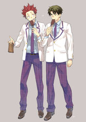  2boys arm_up bad_id bad_pixiv_id belt blue_shirt brown_footwear buttons checkered_clothes checkered_necktie checkered_pants collared_jacket collared_shirt commentary_request eating food full_body green_eyes green_hair grey_background haikyuu!! holding holding_food ice_cream jacket long_sleeves looking_at_another male_focus multiple_boys necktie open_clothes open_jacket open_mouth pants pocket red_eyes red_hair school_uniform shirt short_hair simple_background spiked_hair standing teeth tendou_satori toujou_sakana ushijima_wakatoshi white_jacket 