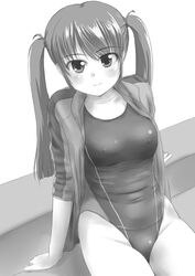  breasts commentary_request competition_swimsuit covered_nipples cowboy_shot female greyscale highres jacket light_smile long_hair looking_at_viewer monochrome one-piece_swimsuit open_clothes open_jacket original simple_background sitting small_breasts solo swimsuit tk4 track_jacket twintails 