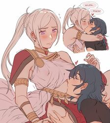  2girls alternate_costume alternate_hairstyle armlet blush bracelet byleth_(female)_(fire_emblem) byleth_(fire_emblem) closed_eyes covered_nipples edelgard_von_hresvelg english_text fire_emblem fire_emblem:_three_houses green_hair heart highres jewelry kissing_stomach multiple_girls side_ponytail speech_bubble white_hair yukari_(bryleluansing) yuri 