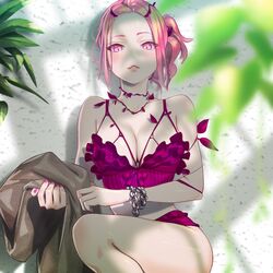  bikini breasts chains commentary_request female fingernails hair_ornament holding large_breasts leaf looking_at_viewer lying medium_hair nail_polish on_back original outdoors parted_lips pink_bikini pink_eyes pink_hair pink_nails ryohhe solo swimsuit teeth thighs 