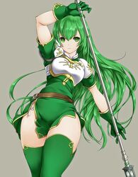  armor ashita_yaru belt belt_buckle breastplate buckle dress erinys_(fire_emblem) female fire_emblem fire_emblem:_genealogy_of_the_holy_war gloves green_dress green_eyes green_hair green_thighhighs holding holding_weapon long_hair looking_at_viewer protected_link short_dress shoulder_armor side_slit simple_background solo thighhighs thighs weapon zettai_ryouiki 