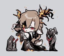  1boy :| animal_ears antlers black_gloves black_ribbon black_robe black_shawl blood blood_from_eyes bloodborne brown_hair burning burnt_clothes capelet chalice chibi closed_mouth coat colored_sclera cup deer_antlers deer_boy deer_ears deer_tail from_side full_body gloves grey_background hair_between_eyes hair_ribbon holding holding_cup horns laurence_the_first_vicar long_hair long_sleeves looking_at_viewer looking_to_the_side low_ponytail male_focus mismatched_pupils mismatched_sclera platinum_(o0baijin0o) red_eyes ribbon robe shawl simple_background slit_pupils solo standing statue tail uneven_eyes white_capelet white_coat wide_sleeves yellow_sclera 