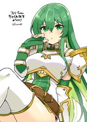  armor belt belt_buckle blush breastplate buckle erinys_(fire_emblem) female fingerless_gloves fire_emblem fire_emblem:_genealogy_of_the_holy_war gloves green_eyes green_hair hand_on_own_face long_hair looking_at_viewer shoulder_armor simple_background solo thighhighs thighs white_background yukia_(firstaid0) 