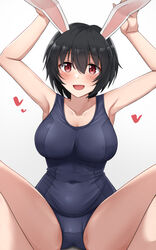  absurdres animal_ears black_hair blush brave_witches breasts covered_navel emu_1316 female heart highres large_breasts old_school_swimsuit open_mouth rabbit_ears rabbit_girl rabbit_pose red_eyes school_swimsuit shimohara_sadako short_hair simple_background solo spread_legs swimsuit world_witches_series 