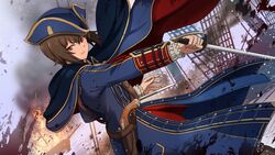  aristocratic_clothes assassin&#039;s_creed_(series) assassin&#039;s_creed_iii blue_coat blue_hat brown_eyes brown_hair coat commission cosplay female girls_und_panzer gun handgun hat haytham_kenway haytham_kenway_(cosplay) highres holding holding_sword holding_weapon long_sleeves nishizumi_maho royal_navy shinmai_(kyata) ship short_hair skeb_commission solo sword tricorne watercraft weapon 