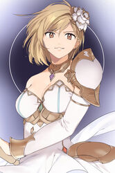  armor blonde_hair breasts brown_eyes choker cleavage collarbone detached_sleeves djeeta_(granblue_fantasy) dress female flower glorybringer_(granblue_fantasy) granblue_fantasy grin hair_between_eyes hair_flower hair_ornament highres hyuu long_sleeves looking_at_viewer medium_breasts short_hair shoulder_armor smile solo strapless strapless_dress white_dress white_flower white_sleeves 