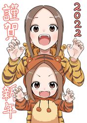  2022 2girls absurdres animal_costume animal_print brown_eyes brown_hair chinese_zodiac claw_pose commentary_request fangs highres hood hood_down hood_up inaba_mifumi karakai_jouzu_no_(moto)_takagi-san karakai_jouzu_no_takagi-san lolicon long_hair long_sleeves looking_at_viewer mother_and_daughter multiple_girls nishikata_chii open_mouth simple_background smile takagi-san teeth tiger_costume tiger_print upper_body upper_teeth_only v-shaped_eyebrows white_background year_of_the_tiger 