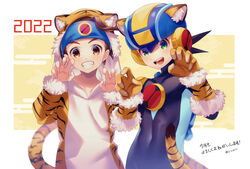  2022 2boys :d animal_costume animal_ears animal_hood animal_print blue_bodysuit blue_headband bodysuit brown_eyes brown_hair chinese_zodiac claw_pose commentary_request fake_animal_ears fingerless_gloves gloves green_eyes grin happy happy_new_year headband helmet highres hood lan_hikari_(mega_man) male_focus mega_man_(series) mega_man_battle_network_(series) megaman.exe multiple_boys netnavi new_year open_mouth orange_gloves short_hair smile tail teeth tiger_costume tiger_ears tiger_hood tiger_print tiger_tail twitter_username year_of_the_tiger zero-go 