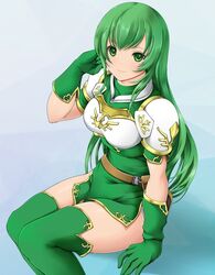  arm_up armor ashita_yaru belt belt_buckle blush breastplate buckle erinys_(fire_emblem) female fire_emblem fire_emblem:_genealogy_of_the_holy_war gloves green_eyes green_hair long_hair looking_at_viewer protected_link smile solo thighs 