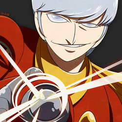  1boy albert_heinrich cyborg_009 dated grey_background grey_eyes grey_hair hand_up looking_at_viewer male_focus photoshop_(medium) simple_background smirk solo sorges upper_body 