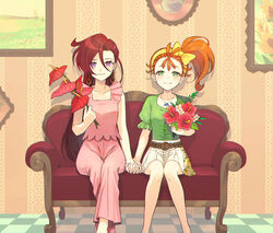  2girls asymmetrical_bangs bad_id bad_pixiv_id bare_arms bare_legs belt blush bouquet bow bow_hairband brown_belt brown_hair checkered_floor closed_mouth collarbone dolphin_pendant dress_shirt flower green_eyes green_shirt hair_between_eyes hairband hairbow hibiscus high_ponytail highres holding holding_bouquet holding_hands indoors interlocked_fingers long_hair looking_at_viewer miniskirt multiple_girls natsuumi_manatsu pants parted_lips pink_pants pink_shirt pleated_skirt precure purple_eyes red_flower red_hair shirt short_sleeves side_ponytail sitting skirt sleeveless sleeveless_shirt smile takizawa_asuka tropical-rouge!_precure very_long_hair white_flower white_skirt yellow_bow yellow_hairband yuzu_sato 