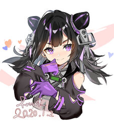  black_hair commentary cone_hair_bun female girls&#039;_frontline gloves hair_bun hair_ornament highres kac-pdw_(girls&#039;_frontline) long_hair long_sleeves multicolored_hair purple_eyes purple_gloves purple_hair rero_(bigdoorbig2) see-through smile solo 