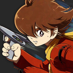  1boy bandana brown_eyes brown_hair cyborg_009 dated grey_background gun hair_over_one_eye holding holding_gun holding_weapon jacket long_sleeves male_focus motion_blur photoshop_(medium) red_jacket shimamura_joe sorges sweatdrop thick_eyebrows upper_body weapon yellow_bandana 