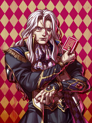  1boy black_jacket bracelet card checkered_background dice final_fantasy final_fantasy_vi jacket jewelry kagelow long_hair long_sleeves looking_at_viewer male_focus playing_card popped_collar purple_eyes scar scar_across_eye scar_on_cheek scar_on_face setzer_gabbiani smile solo white_hair 