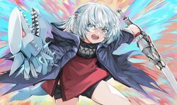  artist_name black_shorts blue_eyes blue_hair cosplay crossover devil_may_cry_(series) devil_may_cry_5 devil_trigger female fins fish_tail gawr_gura grey_hair hair_ornament highres holding holding_sword holding_weapon hololive hololive_english looking_at_viewer mechanical_arms multicolored_hair nero_(devil_may_cry) nero_(devil_may_cry)_(cosplay) open_mouth red_queen_(sword) red_shirt shark_girl shark_hair_ornament shark_tail sharp_teeth shirt short_shorts shorts single_mechanical_arm solo streaked_hair sword tail teeth tunnarata v-shaped_eyebrows virtual_youtuber weapon 