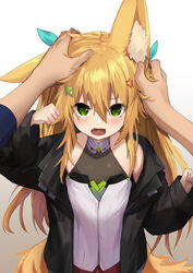  1boy anger_vein animal_ear_fluff animal_ears bare_shoulders black_jacket blonde_hair blush clenched_hands clothing_request commentary_request cowboy_shot female fox_ears fox_tail gradient_background green_eyes grey_background hair_between_eyes hair_ornament hands_on_another&#039;s_head hands_up highres jacket kokonoe_tsubaki long_hair looking_at_viewer oerba_yun_fang open_mouth original pov red_skirt skirt tail yoshizawa_tsubaki 