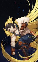  1boy abs bare_pectorals belt biceps boots brown_hair commentary constellation fate/grand_order fate_(series) fighting_stance fingerless_gloves gloves highres kouzuki_kei large_pectorals male_focus muscular muscular_male name_connection navel object_namesake orion_(bear)_(fate) orion_(constellation) pants pectorals short_hair solo star_(sky) super_orion_(fate) symbol-only_commentary thick_eyebrows torn_clothes torn_pants weapon 