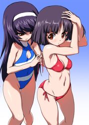  2girls angry bikini black_hair blue_background blue_one-piece_swimsuit blunt_bangs blunt_ends blush bob_cut breasts brown_eyes cleavage cleavage_cutout closed_mouth clothing_cutout commentary_request covered_navel dressing_another frown gemu555 girls_und_panzer glaring gradient_background grimace groin hairband halterneck hands_on_own_head highleg highleg_swimsuit legs long_hair looking_at_another looking_back multiple_girls navel one-piece_swimsuit red_bikini reizei_mako short_hair side-tie_bikini_bottom small_breasts sono_midoriko standing string_bikini swimsuit thigh_gap thighs tying untied_bikini white_hairband 