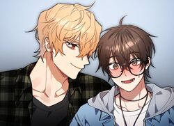  2boys bags_under_eyes black-framed_eyewear blonde_hair blush brown_eyes brown_hair eiden_(nu_carnival) highres jewelry korean_commentary looking_at_another male_focus multiple_boys necklace nose_blush nu_carnival orange_eyes quincy_(nu_carnival) short_hair smile sweatdrop xxxx_owo_x 