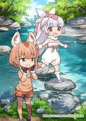  2girls absurdres animal_ears armadillo_ears armadillo_shell armadillo_tail bare_shoulders black_gloves bow bowtie braid brown_eyes brown_legwear brown_shorts brown_sweater commentary_request cutoffs deer_ears deer_girl deer_tail extra_ears fur_collar fur_trim gloves highres kemono_friends kemono_friends_3 kemono_friends_3:_planet_tours light_brown_hair long_hair long_sleeves macco multicolored_hair multiple_girls official_art outdoors pantyhose pink_eyes pink_fairy_armadillo_(kemono_friends) pink_gloves pink_hair shirt short_hair shorts sleeveless socks stream sweater tail translated water_deer_(kemono_friends) white_bow white_bowtie white_fur white_hair white_shirt white_shorts white_socks 