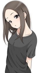  absurdres arms_behind_back black_shirt brown_eyes brown_hair commentary_request female forehead highres ito_kashiwamochi karakai_jouzu_no_takagi-san looking_at_viewer shirt short_hair short_sleeves simple_background solo takagi-san white_background 