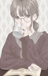  book brown_eyes brown_hair brown_sweater coffee_mug covered_mouth cup drinking female glasses grey-framed_eyewear grey_eyes grey_hair grey_shirt grey_theme holding holding_cup knit_sweater long_sleeves looking_at_viewer mug muted_color open_book original ponytail round_eyewear shirt sitting sleeves_past_wrists solo sweater upper_body wallpaper_(object) yuum1709 