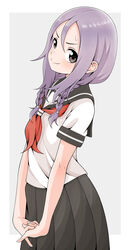  absurdres black_sailor_collar black_skirt braid brown_eyes closed_mouth commentary_request female grey_background highres ito_kashiwamochi light_purple_hair looking_at_viewer medium_hair neckerchief pleated_skirt red_neckerchief sailor_collar school_uniform serafuku short_sleeves simple_background skirt smile solo soredemo_ayumu_wa_yosetekuru twin_braids yaotome_urushi 